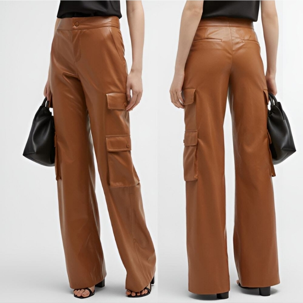 Alice + Olivia Tan Faux Leather Wide-Leg Cargo Pants